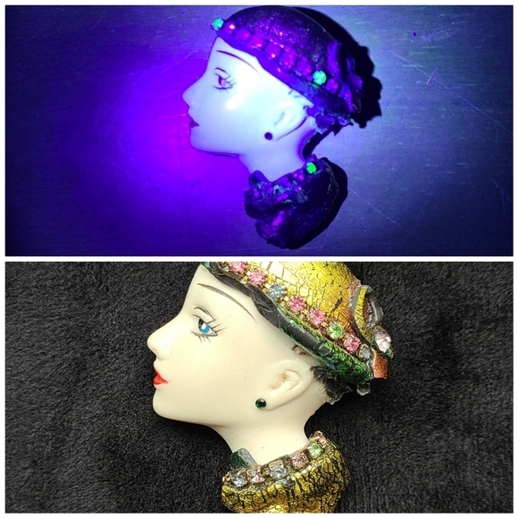Vintage art lady brooch with uranium glass